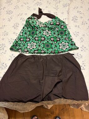 Women’s Green Patterned Tankini Swim Top with Brown Swim Skirt